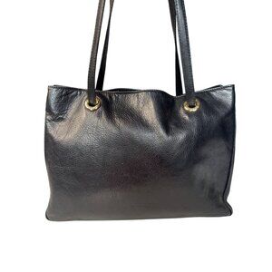 Desmo Black Leather Tote Bag With Gold Hardware & Double Handles